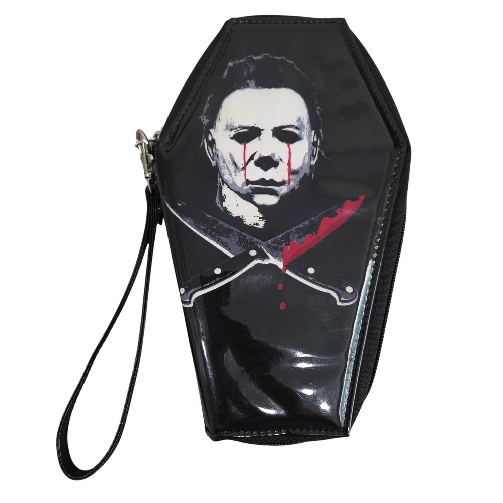 Halloween 2 Michael Myers Zip Coffin Wallet Wristlet Glitter Knives Spiderweb